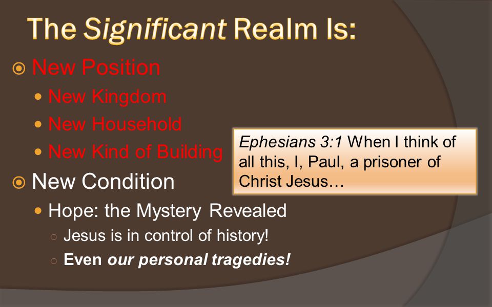  New Position New Kingdom New Household New Kind of Building  New Condition Hope: the Mystery Revealed ○ Jesus is in control of history.