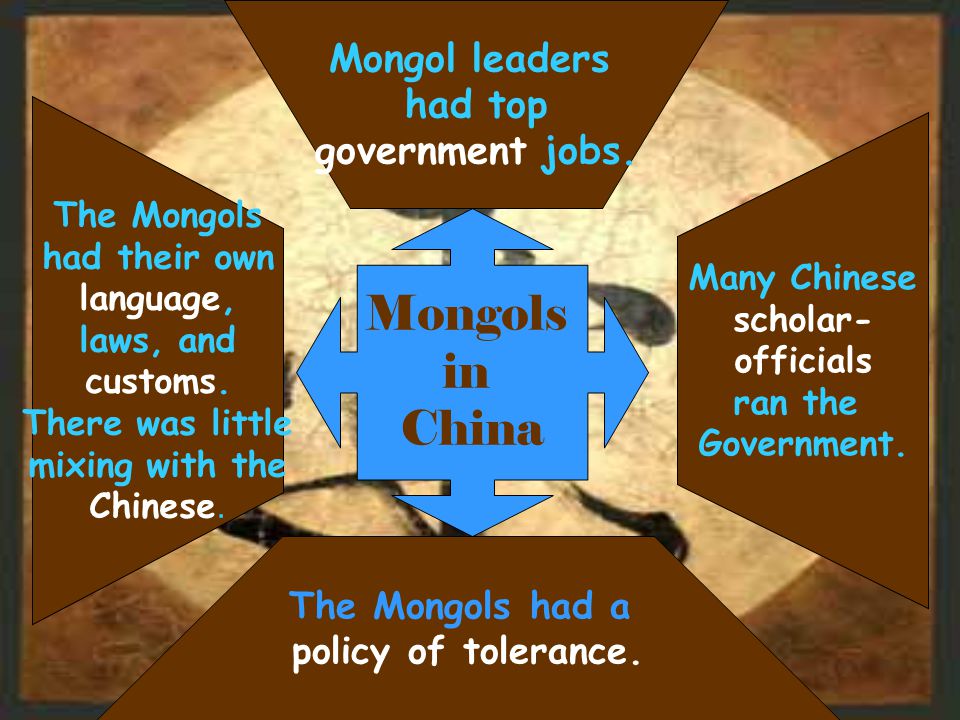 Mongols in China Mongol leaders had top government jobs.