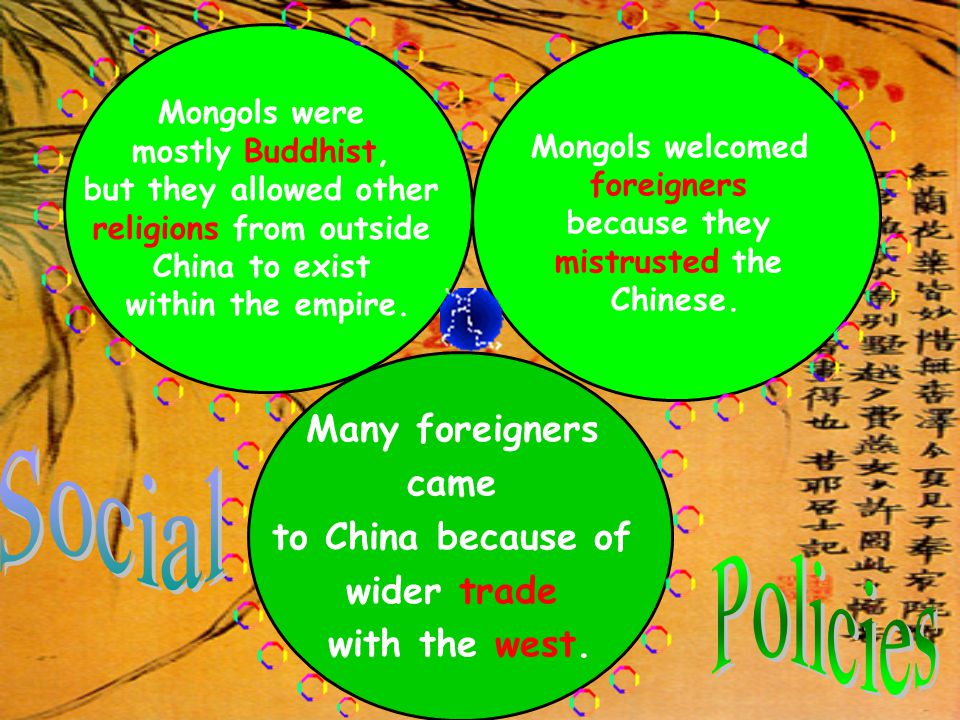 Mongols were mostly Buddhist, but they allowed other religions from outside China to exist within the empire.