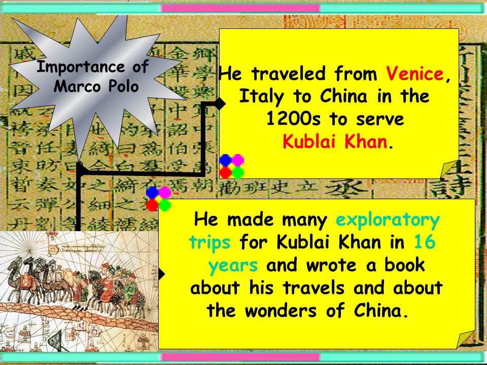 Importance of Marco Polo He traveled from Venice, Italy to China in the 1200s to serve Kublai Khan.