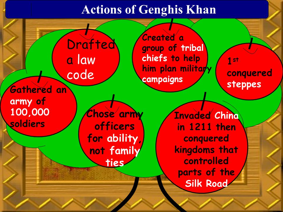Invaded China in 1211 then conquered kingdoms that controlled parts of the Silk Road Drafted a law code Chose army officers for ability, not family ties Gathered an army of 100,000 soldiers Created a group of tribal chiefs to help him plan military campaigns 1 st conquered steppes Actions of Genghis Khan