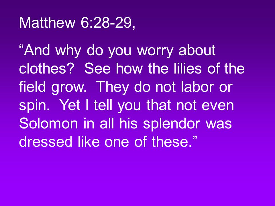 Matthew 6:28-29, And why do you worry about clothes.