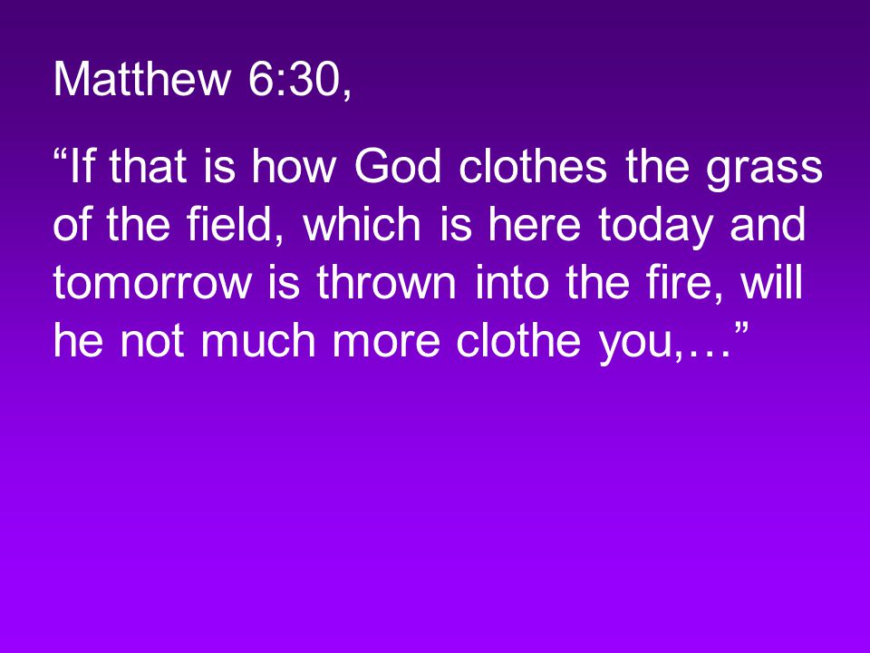 Matthew 6:30, If that is how God clothes the grass of the field, which is here today and tomorrow is thrown into the fire, will he not much more clothe you,…