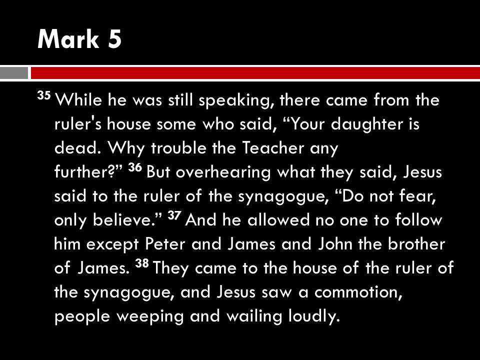 Mark 5 35 While he was still speaking, there came from the ruler s house some who said, Your daughter is dead.