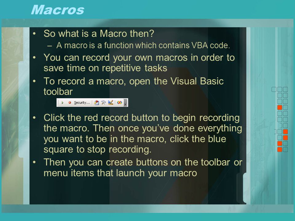 Macros Microsoft Office uses Visual Basic for Applications (VBA) programming language in order to allow users to write their own code directly into Word or any other Microsoft Office product The code you can create could server many different purposes.