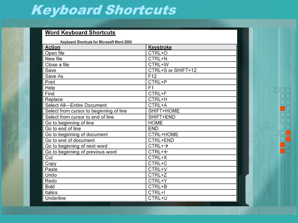 Topics Keyboard Shortcuts Customizing Toolbars and Menus Auto Format & Auto Correct Tabs Inserting Pictures and Objects Mail Merges Envelopes Templates Forms Drawing Macros