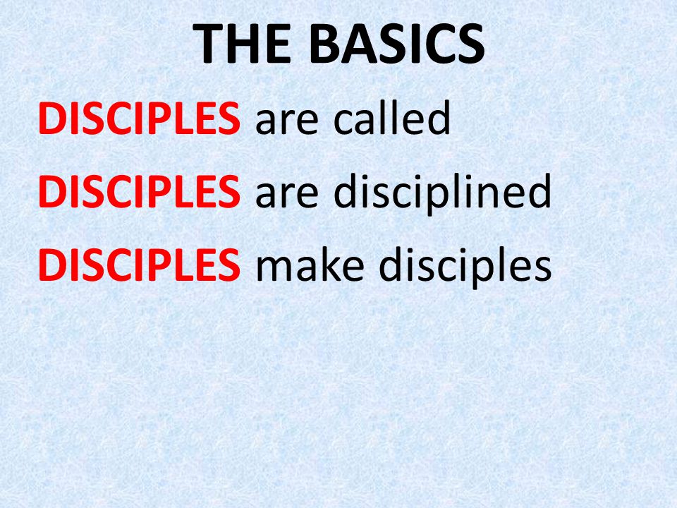 THE BASICS DISCIPLES are called DISCIPLES are disciplined DISCIPLES make disciples