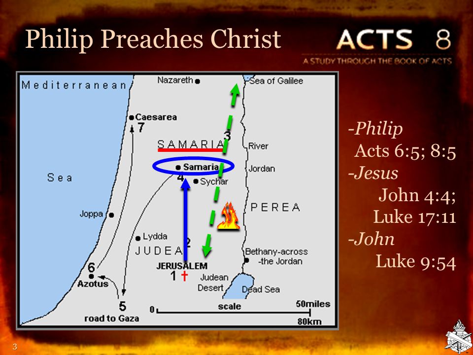 Philip Preaches Christ 3 -Philip Acts 6:5; 8:5 -Jesus John 4:4; Luke 17:11 -John Luke 9:54