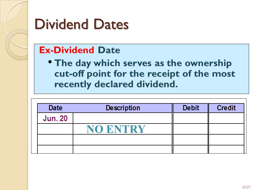 12-27 Dividend Dates Ex-Dividend Date The day which serves as the ownership cut-off point for the receipt of the most recently declared dividend.