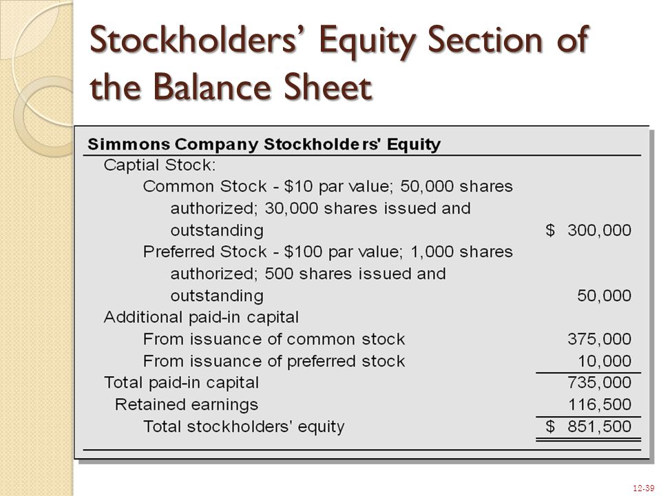 12-39 Stockholders’ Equity Section of the Balance Sheet