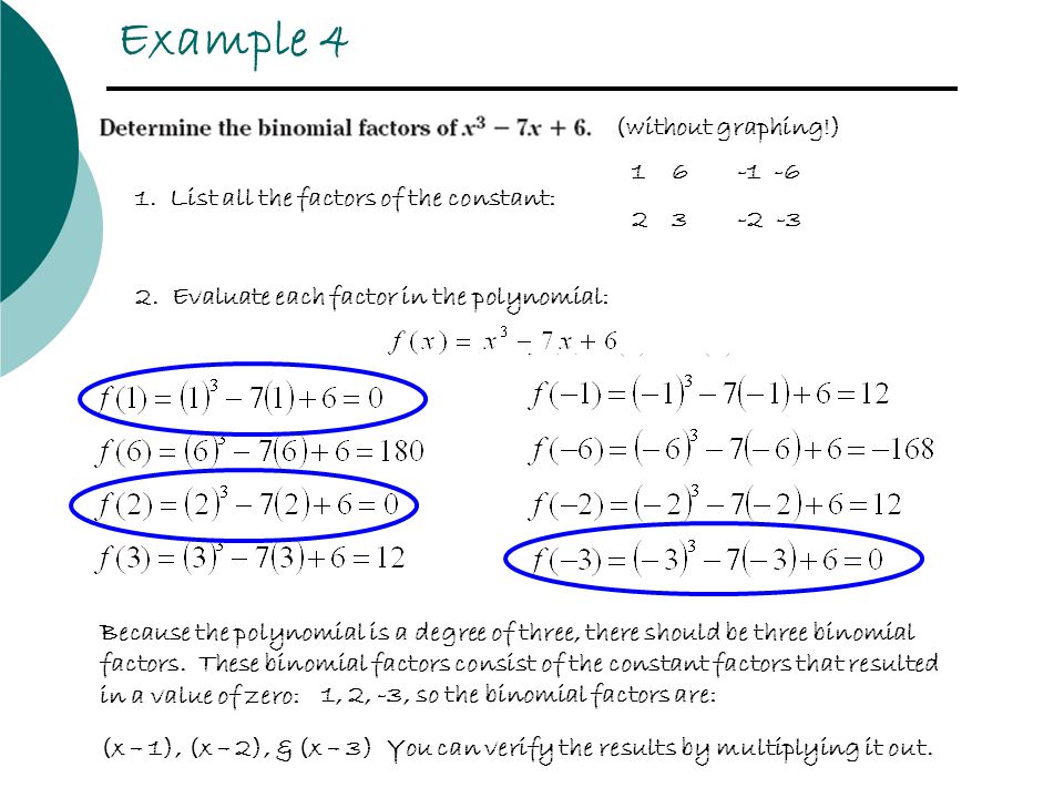 Example 4 (without graphing!) 1. List all the factors of the constant: