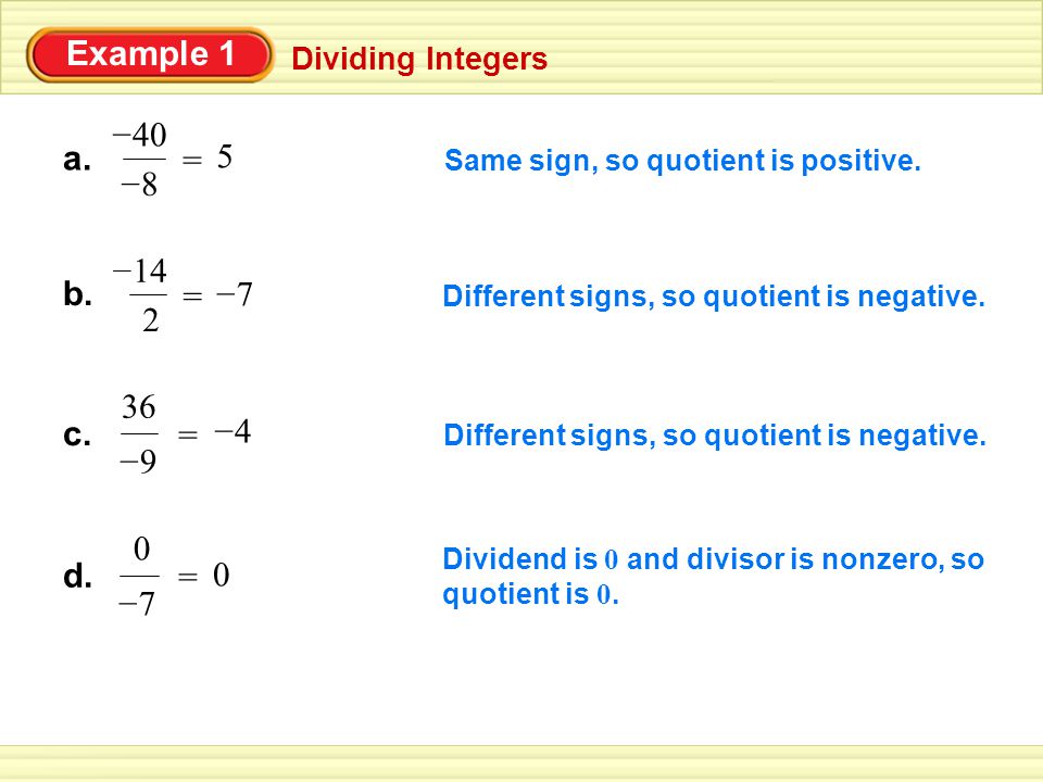 Example 1 Dividing Integers Same sign, so quotient is positive.