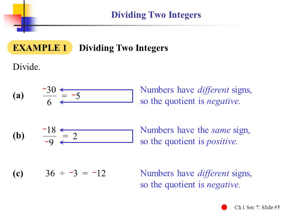 Ch 1 Sec 7: Slide #5 Dividing Two Integers EXAMPLE 1 Dividing Two Integers Divide.