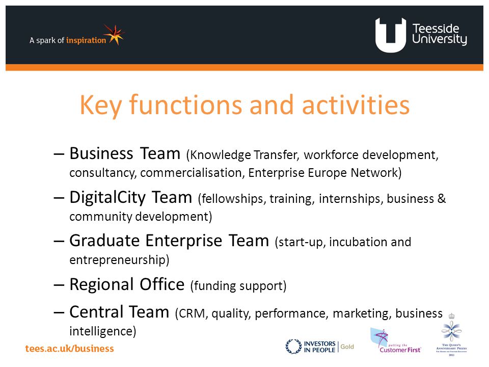 Key functions and activities – Business Team (Knowledge Transfer, workforce development, consultancy, commercialisation, Enterprise Europe Network) – DigitalCity Team (fellowships, training, internships, business & community development) – Graduate Enterprise Team (start-up, incubation and entrepreneurship) – Regional Office (funding support) – Central Team (CRM, quality, performance, marketing, business intelligence)