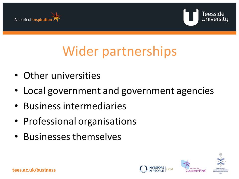 Wider partnerships Other universities Local government and government agencies Business intermediaries Professional organisations Businesses themselves