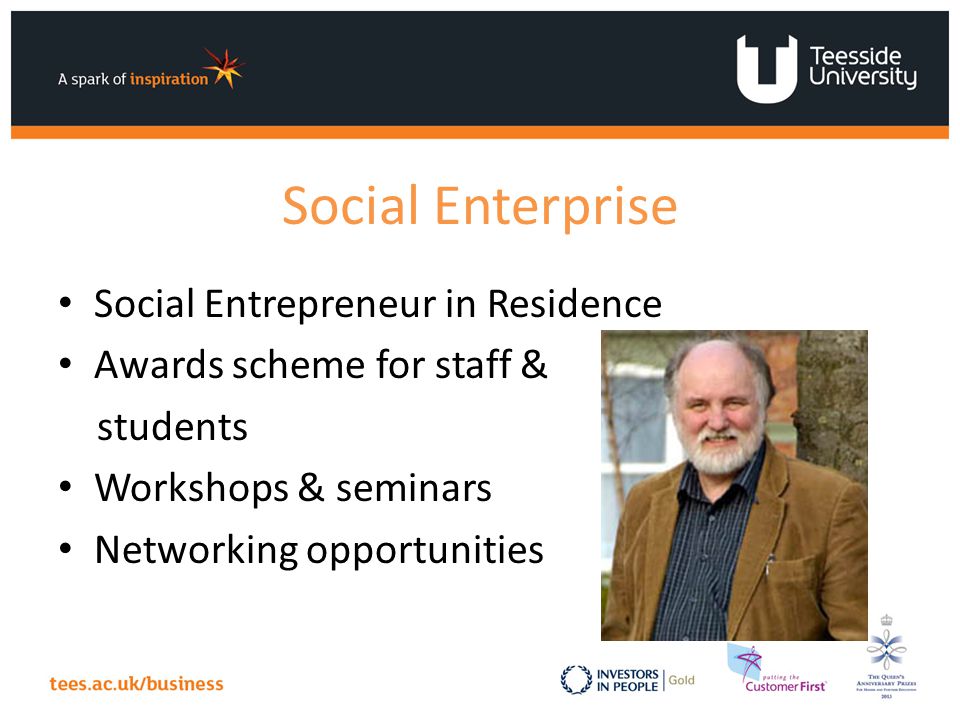 Social Enterprise Social Entrepreneur in Residence Awards scheme for staff & students Workshops & seminars Networking opportunities