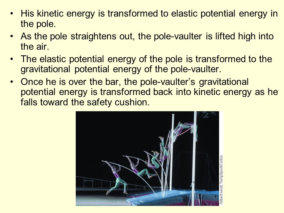 His kinetic energy is transformed to elastic potential energy in the pole.