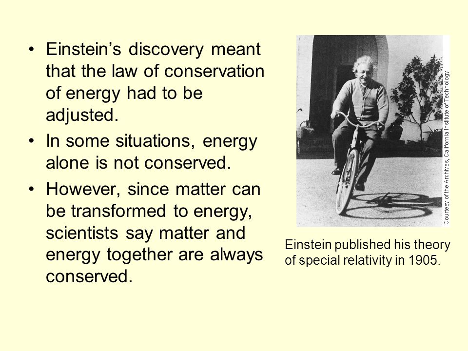 Einstein’s discovery meant that the law of conservation of energy had to be adjusted.