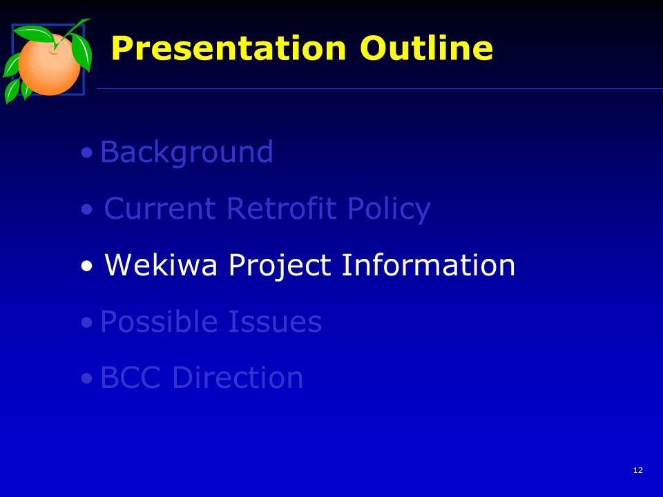 12 Presentation Outline Background Current Retrofit Policy Wekiwa Project Information Possible Issues BCC Direction