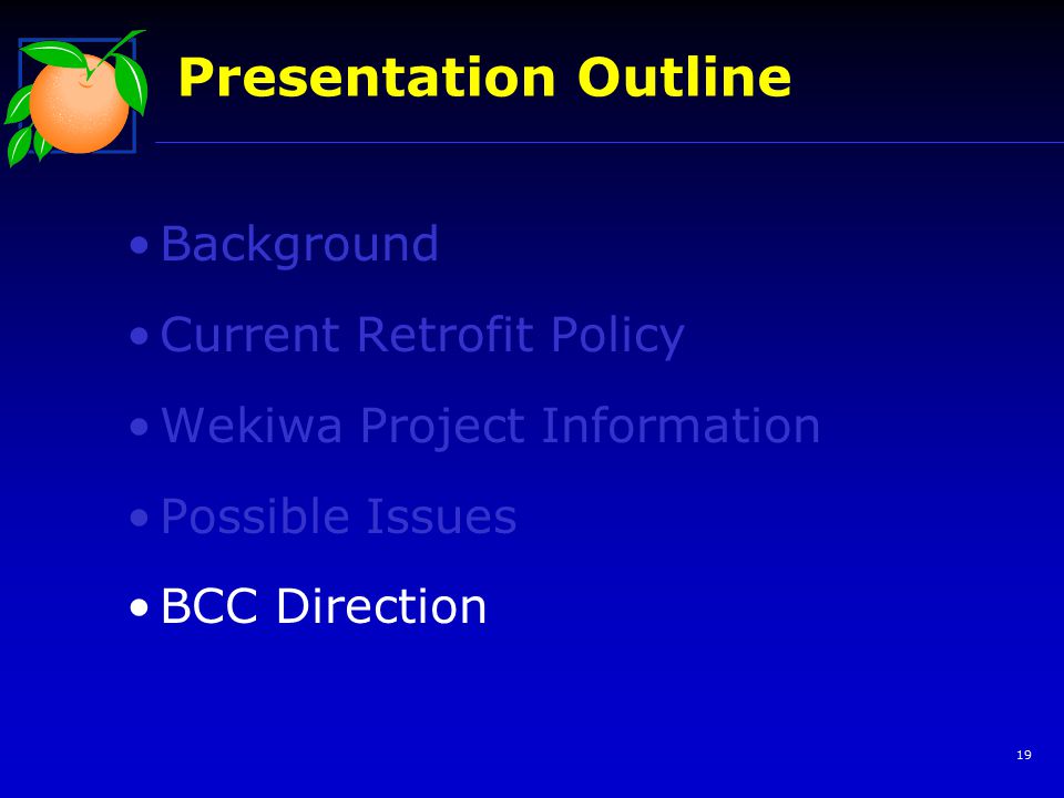 19 Presentation Outline Background Current Retrofit Policy Wekiwa Project Information Possible Issues BCC Direction