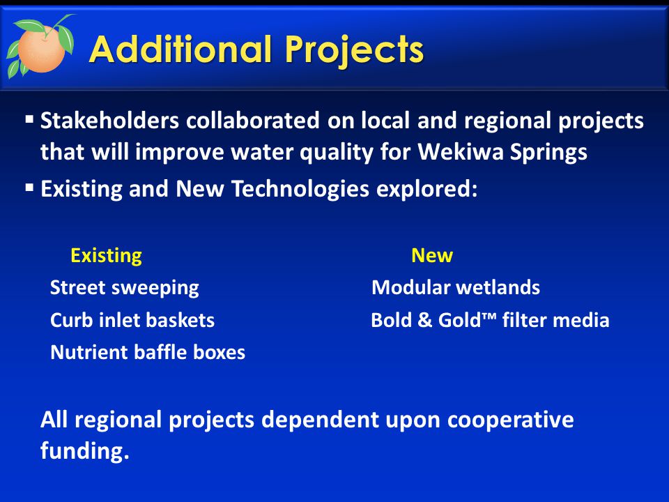 Additional Projects  Stakeholders collaborated on local and regional projects that will improve water quality for Wekiwa Springs  Existing and New Technologies explored: Existing New Street sweeping Modular wetlands Curb inlet baskets Bold & Gold™ filter media Nutrient baffle boxes All regional projects dependent upon cooperative funding.