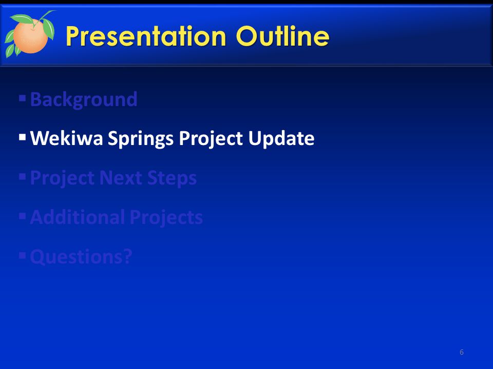 Presentation Outline  Background  Wekiwa Springs Project Update  Project Next Steps  Additional Projects  Questions.