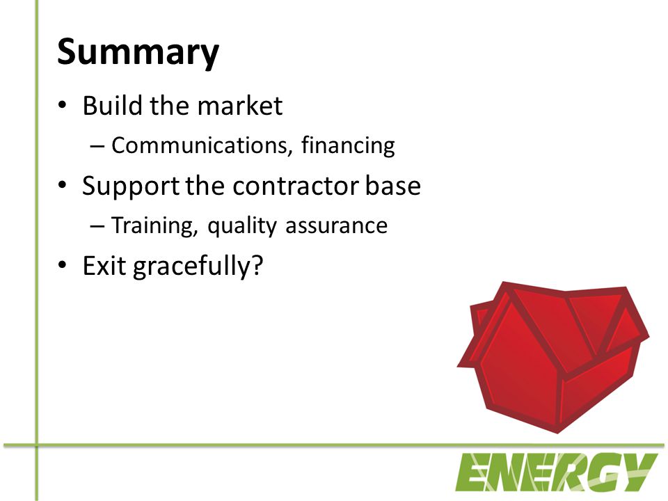 Summary Build the market – Communications, financing Support the contractor base – Training, quality assurance Exit gracefully