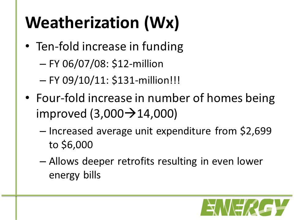 Weatherization (Wx) Ten-fold increase in funding – FY 06/07/08: $12-million – FY 09/10/11: $131-million!!.