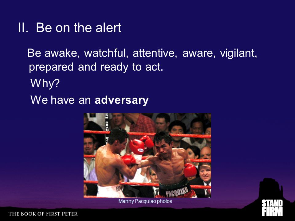 II. Be on the alert Be awake, watchful, attentive, aware, vigilant, prepared and ready to act.