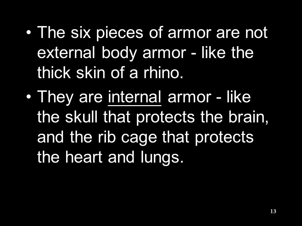 13 The six pieces of armor are not external body armor - like the thick skin of a rhino.