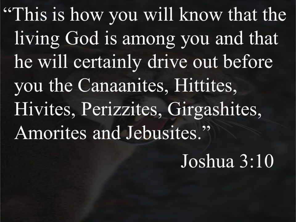 This is how you will know that the living God is among you and that he will certainly drive out before you the Canaanites, Hittites, Hivites, Perizzites, Girgashites, Amorites and Jebusites. Joshua 3:10