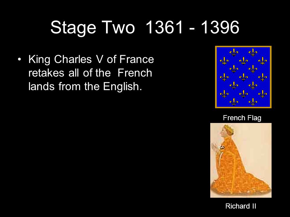 Stage Two King Charles V of France retakes all of the French lands from the English.