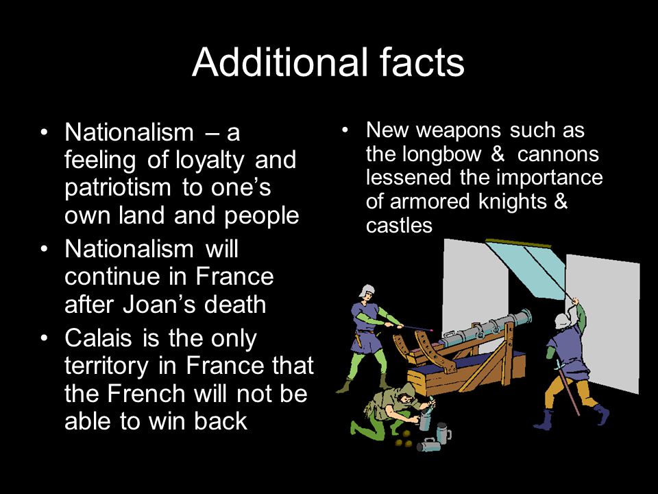 Additional facts Nationalism – a feeling of loyalty and patriotism to one’s own land and people Nationalism will continue in France after Joan’s death Calais is the only territory in France that the French will not be able to win back New weapons such as the longbow & cannons lessened the importance of armored knights & castles