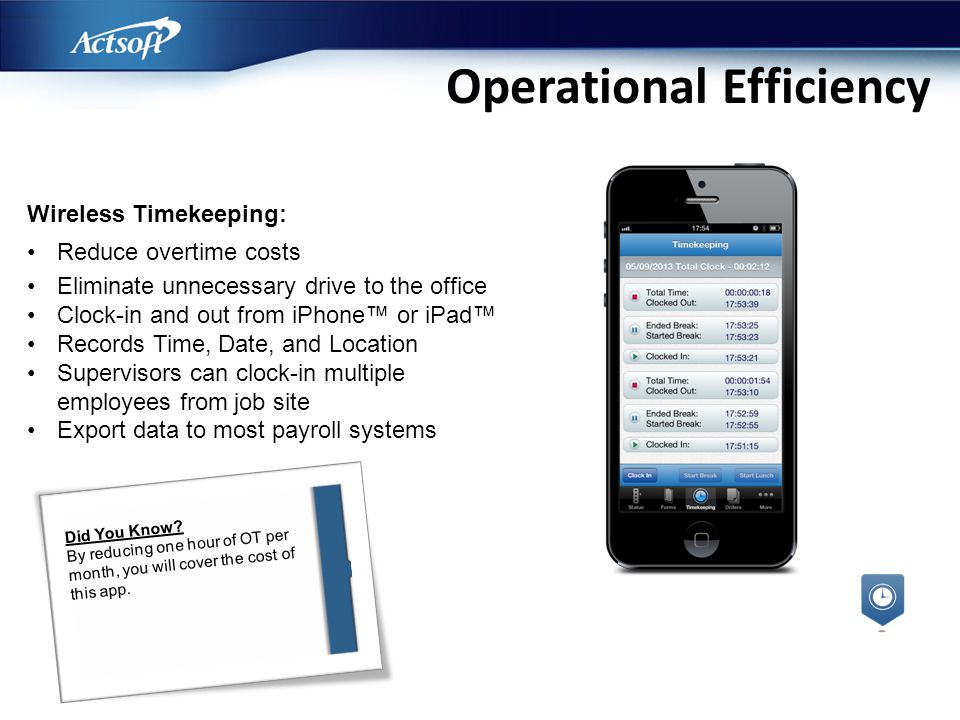 Wireless Timekeeping: Reduce overtime costs Eliminate unnecessary drive to the office Clock-in and out from iPhone™ or iPad™ Records Time, Date, and Location Supervisors can clock-in multiple employees from job site Export data to most payroll systems Did You Know.