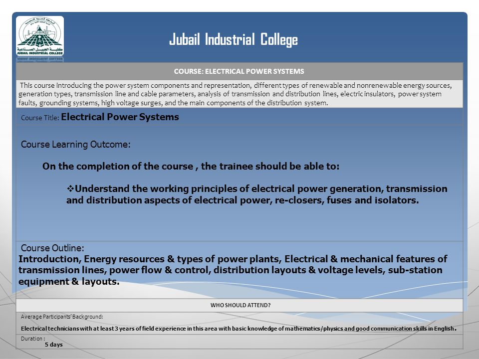 Jubail Industrial College COURSE: ELECTRICAL POWER SYSTEMS This course introducing the power system components and representation, different types of renewable and nonrenewable energy sources, generation types, transmission line and cable parameters, analysis of transmission and distribution lines, electric insulators, power system faults, grounding systems, high voltage surges, and the main components of the distribution system.