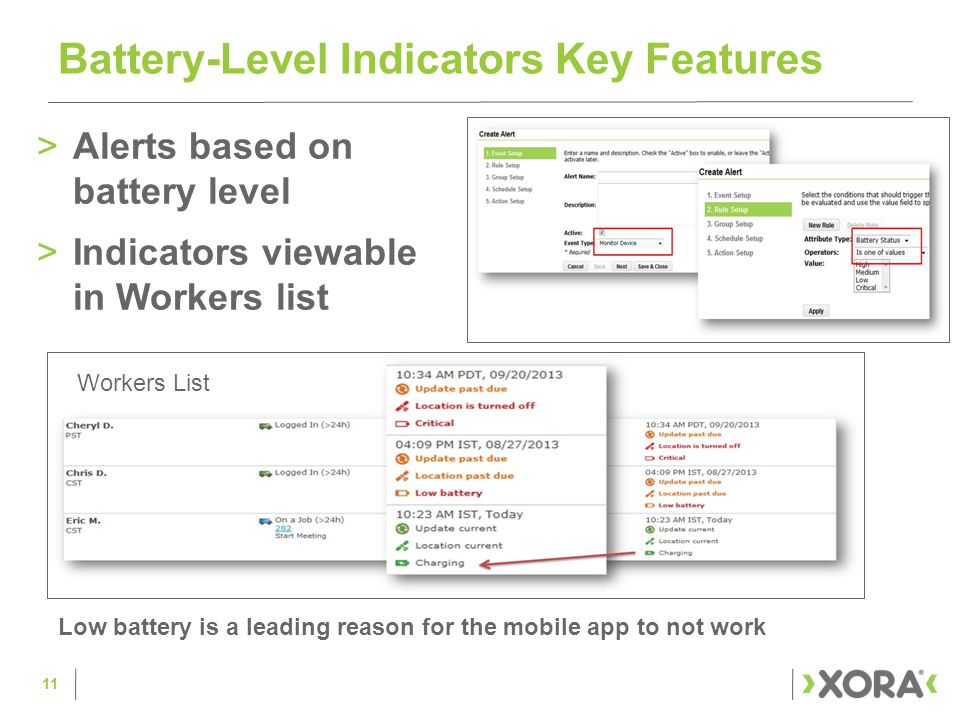 >Alerts based on battery level >Indicators viewable in Workers list Battery-Level Indicators Key Features 11 Workers List Low battery is a leading reason for the mobile app to not work