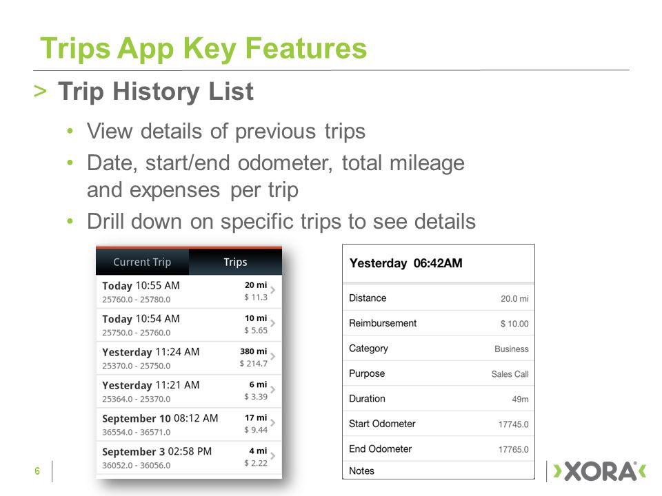 >Trip History List View details of previous trips Date, start/end odometer, total mileage and expenses per trip Drill down on specific trips to see details Trips App Key Features 6