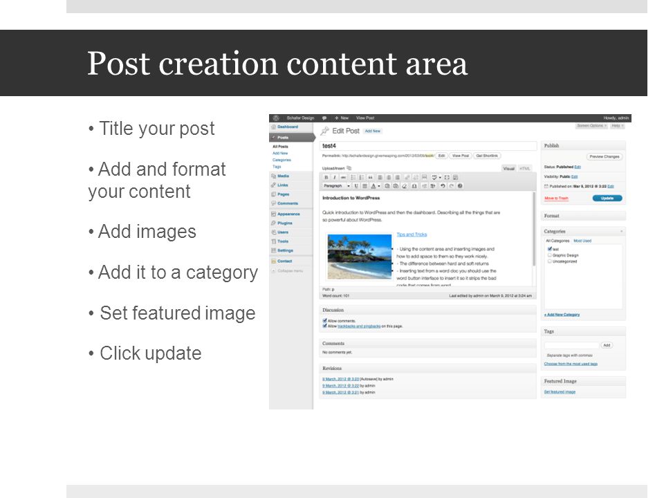 Post creation content area Title your post Add and format your content Add images Add it to a category Set featured image Click update