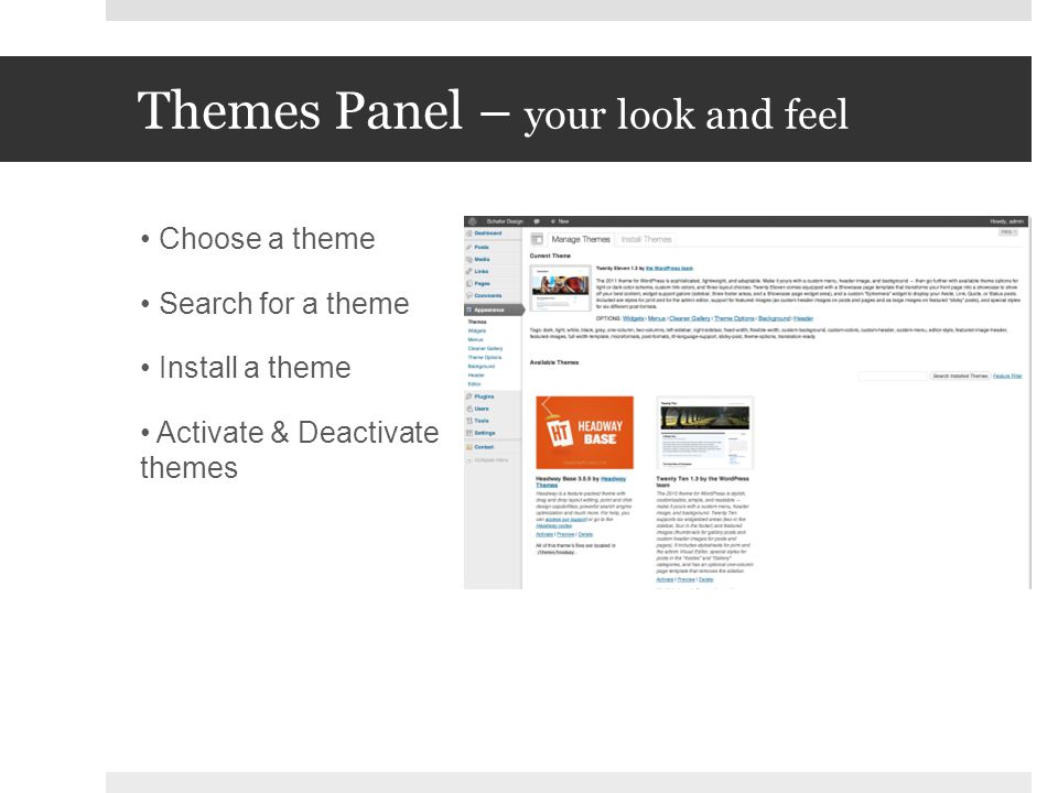 Themes Panel – your look and feel Choose a theme Search for a theme Install a theme Activate & Deactivate themes