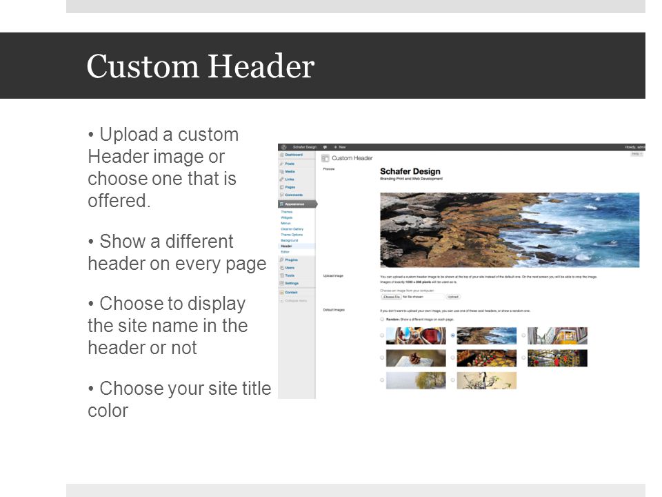 Custom Header Upload a custom Header image or choose one that is offered.