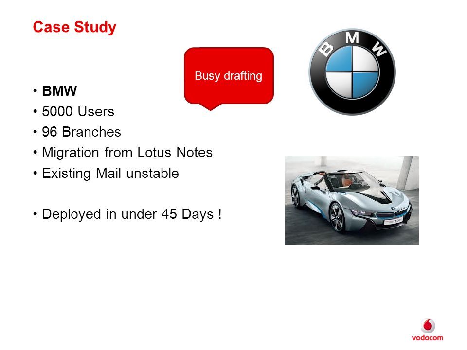 Case Study BMW 5000 Users 96 Branches Migration from Lotus Notes Existing Mail unstable Deployed in under 45 Days .