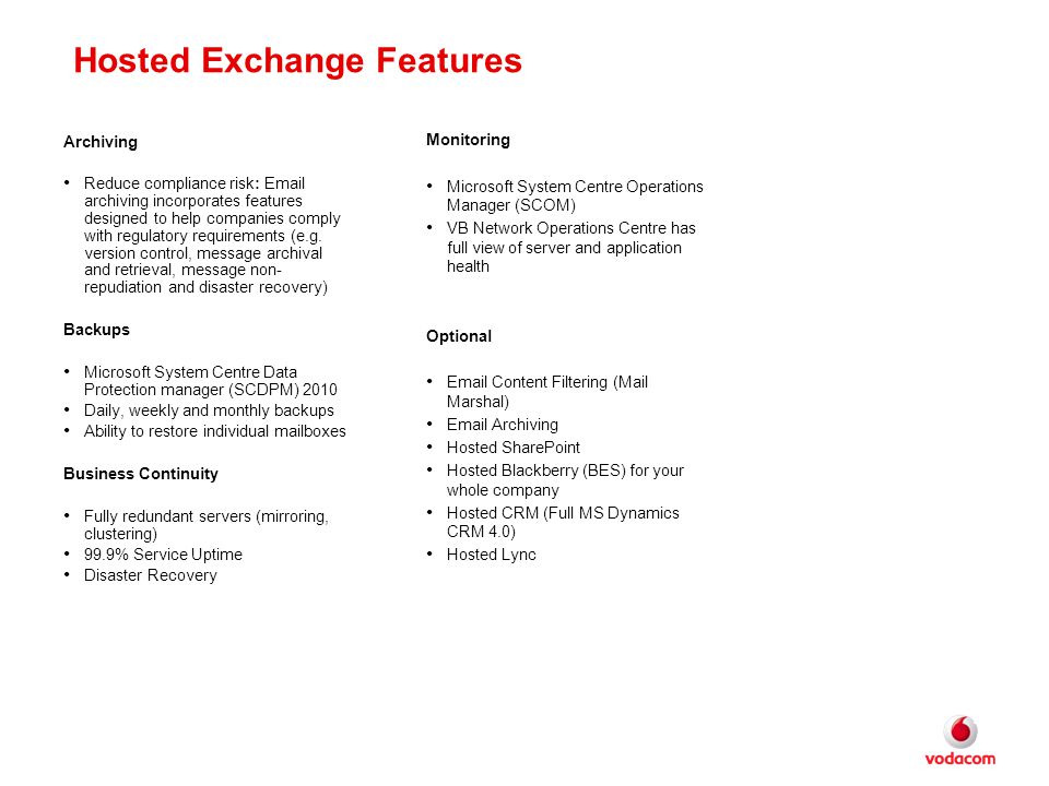 Hosted Exchange Features Archiving Reduce compliance risk:  archiving incorporates features designed to help companies comply with regulatory requirements (e.g.