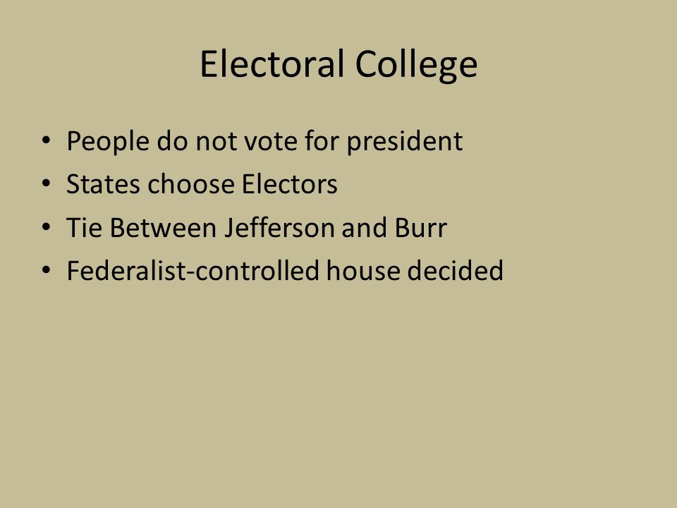 Electoral College People do not vote for president States choose Electors Tie Between Jefferson and Burr Federalist-controlled house decided