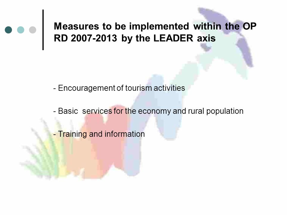 Measures to be implemented within the OP RD by the LEADER axis - Encouragement of tourism activities - Basic services for the economy and rural population - Training and information