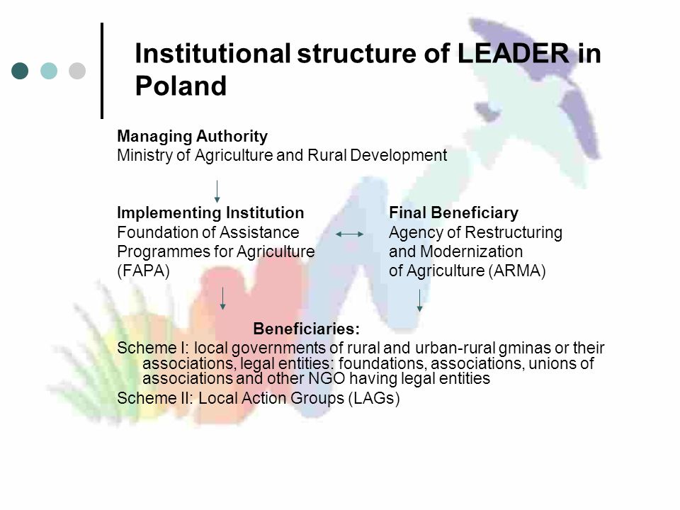 Institutional structure of LEADER in Poland Managing Authority Ministry of Agriculture and Rural Development Implementing InstitutionFinal Beneficiary Foundation of Assistance Agency of Restructuring Programmes for Agriculture and Modernization (FAPA) of Agriculture (ARMA) Beneficiaries: Scheme I: local governments of rural and urban-rural gminas or their associations, legal entities: foundations, associations, unions of associations and other NGO having legal entities Scheme II: Local Action Groups (LAGs)