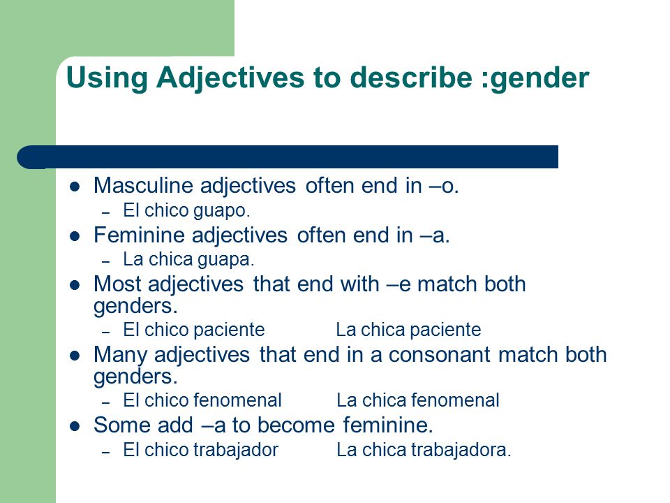 Using Adjectives to describe :gender Masculine adjectives often end in –o.