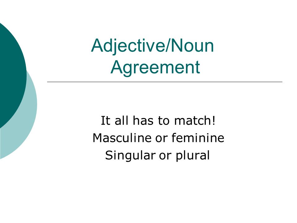 Adjective/Noun Agreement It all has to match! Masculine or feminine Singular or plural