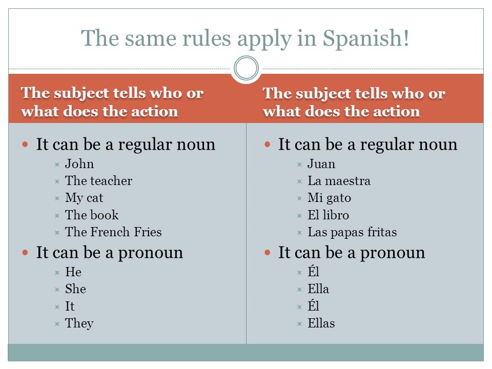 The subject tells who or what does the action It can be a regular noun  John  The teacher  My cat  The book  The French Fries It can be a pronoun  He  She  It  They It can be a regular noun  Juan  La maestra  Mi gato  El libro  Las papas fritas It can be a pronoun  Él  Ella  Él  Ellas The same rules apply in Spanish!
