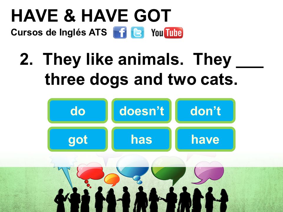 HAVE & HAVE GOT 2. They like animals. They ___ three dogs and two cats.