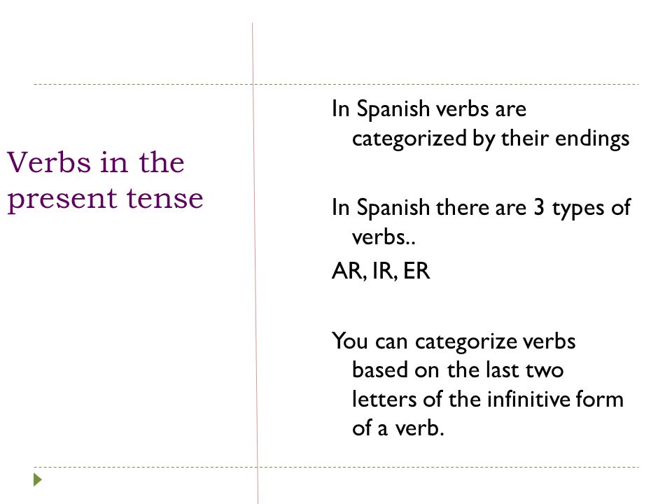 Verbs in the present tense In Spanish verbs are categorized by their endings In Spanish there are 3 types of verbs..